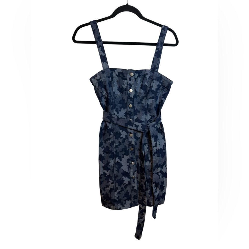 Wild Honey Blue Camo Button Front Belted Denim Mini Dresss